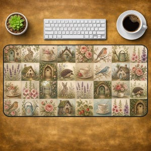 Könnte beinhalten: Eine rechteckige Schreibtischunterlage mit einem Raster aus Illustrationen von Cottagecore-Szenen, darunter Kaninchen, Igel, Vögel, Teetassen, Blumenarrangements und kleine Gartenhäuser in sanften Tönen, platziert unter einer weißen Computertastatur.