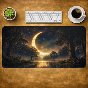 Puede incluir: Alfombrilla de escritorio rectangular negra con un paisaje sereno, una luna creciente, árboles y una masa de agua reflectante. También se ven un teclado blanco, una taza de café y una pequeña planta suculenta en maceta.