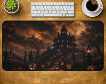 Skrivbordsmatta med hemsökt viktoriansk herrgård, kuslig gotisk musmatta, skrivbordsunderlägg med mörk akademi, stor spelmusmatta, häxig Halloween-kontorsdekor