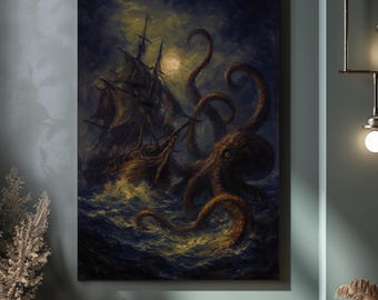 May include: A canvas print depicting a dramatic sea battle. A large octopus attacks a sailing ship in stormy waters under a moonlit sky. The artwork features dark blues, browns, and yellows, creating a sense of foreboding.
