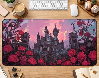 Gothic Castle Desk Mat: Dark Academia Fantasy Roses Office Accessory