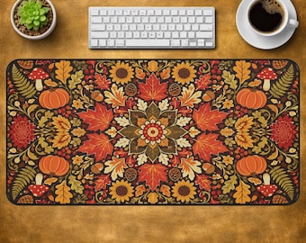 Herfstbloemenmandala bureauonderlegger, botanische muismat voor gaming met herfstthema, pompoen-esdoornblad bureauonderlegger, gezellig cottagecore decoratiecadeau voor haar