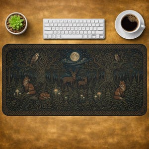 May include: A rectangular desk mat featuring a dark forest illustration with a full moon, two foxes, a deer, a fawn, and owls perched in trees. The design includes intricate foliage, mushrooms, and a decorative border on a black background.