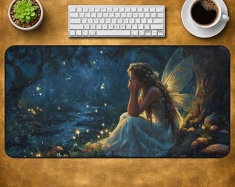 May include: A rectangular desk mat featuring a digital illustration of a fairy with translucent wings sitting in a dark, glowing forest. The fairy wears a white dress and has flowers in her hair, surrounded by small, luminous lights in the woods.
