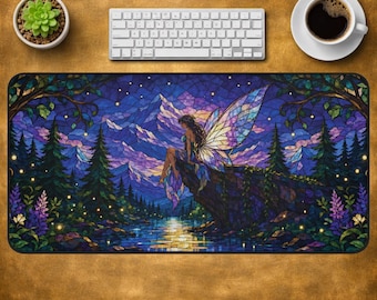Alfombrilla de escritorio de hadas del bosque encantado, alfombrilla de ratón de vidrieras, alfombrilla de escritorio para juegos Fairycore, alfombrilla de escritorio de bosque Cottagecore, regalo de decoración de oficina XXL