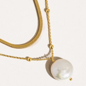 18k Gold plated layer necklace with freshwater pearl | Handmade non-tarnish water resistant |