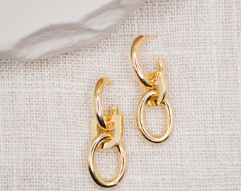 38mm Gold Link Drop Earrings | 14K Gold Plated Minimal Dangle Studs | Modern Interlocking Chain Earrings | Lightweight Everyday Jewelry Gift