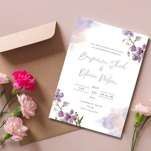 Editable LILAC Wedding Invitation Template, Purple Flowers Wedding Invites Download, Floral, Editable White and Purple Canva template invite