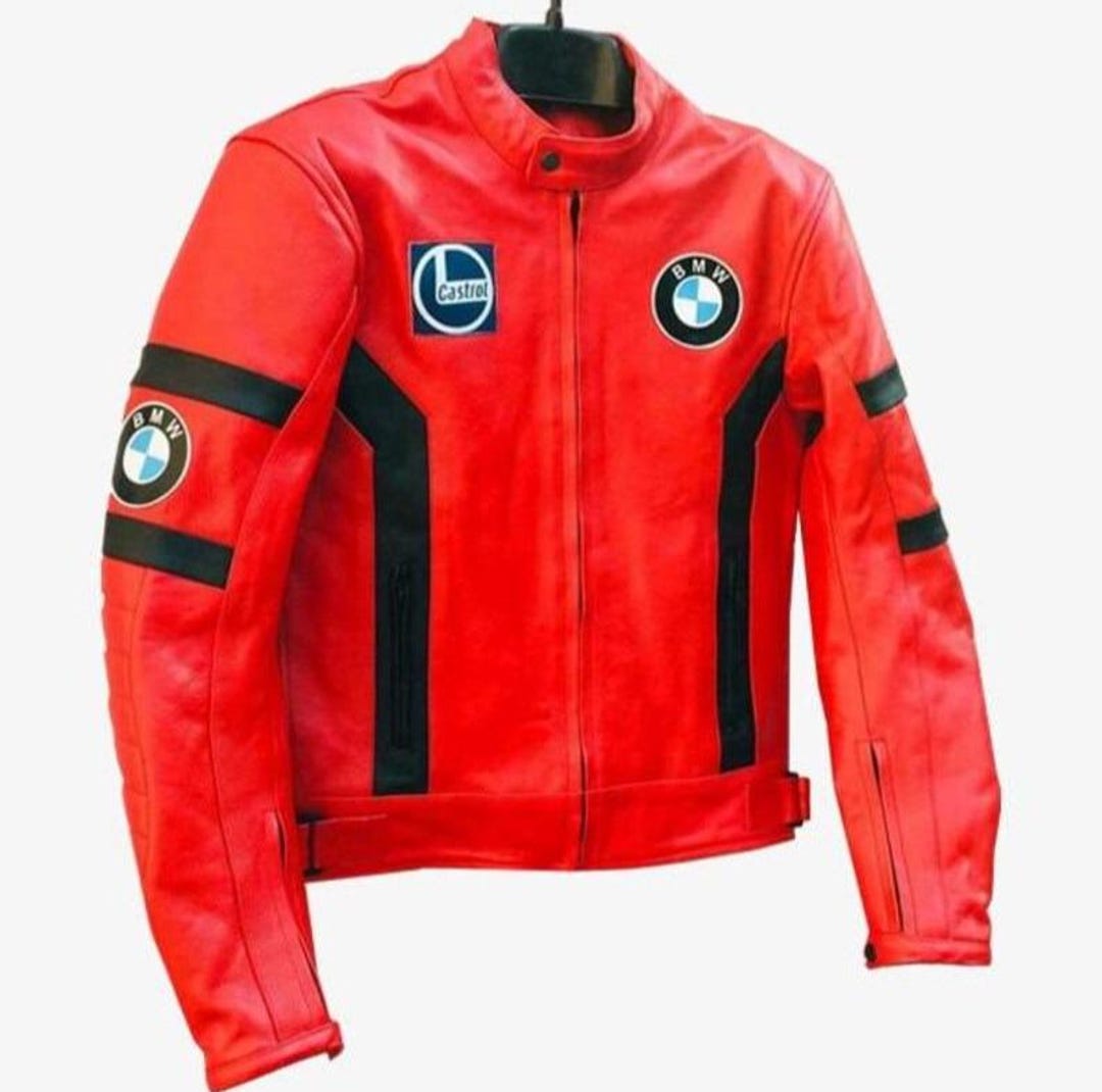 New Men’s Red BMW Cowhide Leather Jacket Vintage Racing Biker Style ...