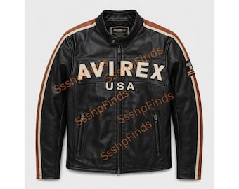 Chaqueta de motorista vintage Avirex para hombre, de piel de vacuno negra con rayas de carreras.