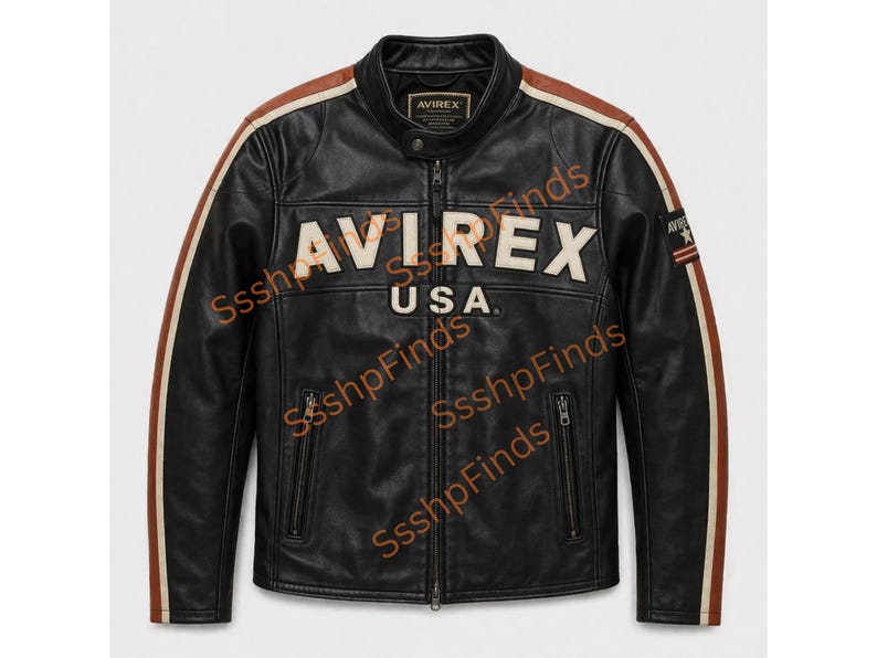 May include: Black leather jacket with a stand-up collar, zipper closure, and the text "AVIREX USA" across the chest. Features brown and white stripes down the sleeves and a small patch on the upper arm.