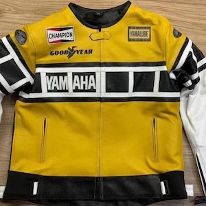 New Men&#39;s Yamaha Racing Good Year Champion Racing Motorcycle Riding Gear Genuine Cowhide Leather Biker Jacket
