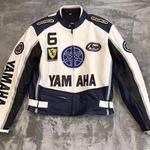 Yamaha Racing Leather Motorcycle Jacket Blue White Cowhide Biker Jacket