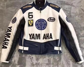 ヤマハブルーレザーバイクジャケット：ヴィンテージレーシングバイカー