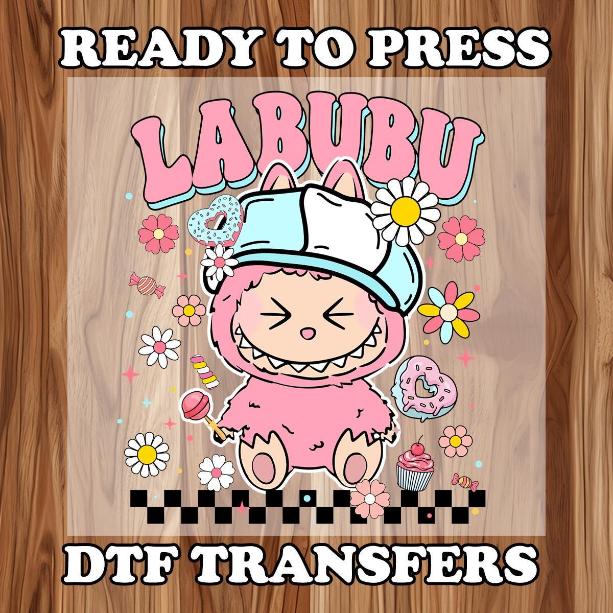 Trending Pink Cartoon Character dtf , Labubu Bear Bow Doll For Kids Girls Ready to Press, Funny Cartoon heat press dtf , dtf transfers