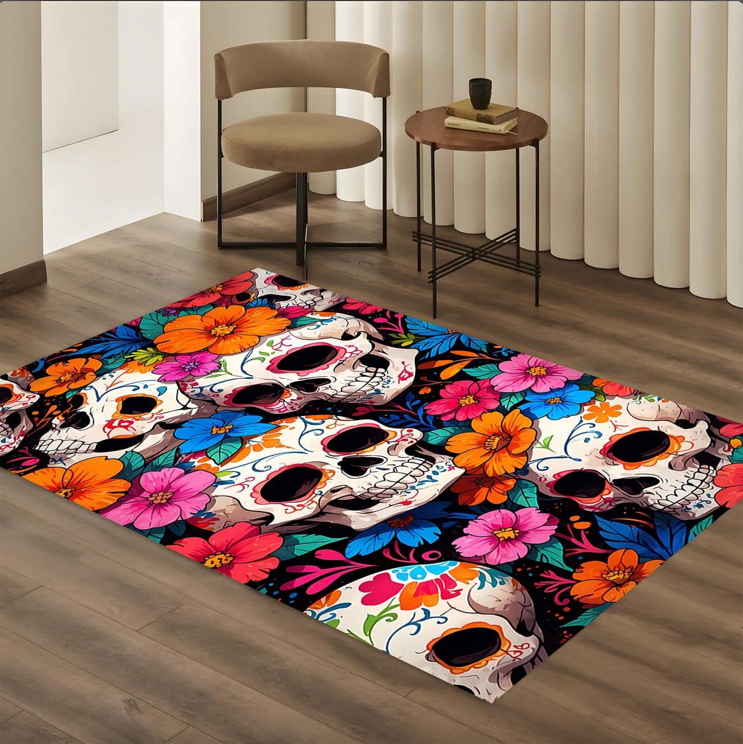 Day of the Dead Sugar Skull Rug, Colorful Dia De Los Muertos Floor Mat ...