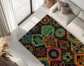 Bohemian Floral Rug,Vibrant Mandala Area Carpet,Eclectic Home Decor,Colorful Living Room Mat,Artistic BotanicalFloorRug,UniqueStatementPiece