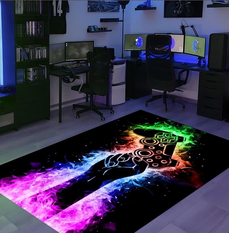Neon Gaming Rug, Colorful Gamer Room Area Carpet With Controller Design ...