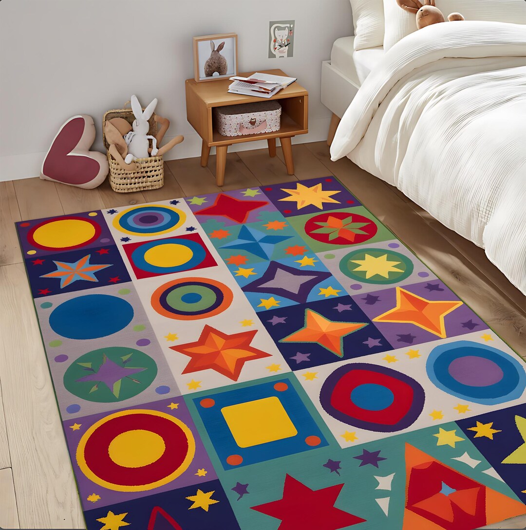 Colorful Geometric Star Rug, Kids Room Play Mat, Modern Pattern Nursery ...