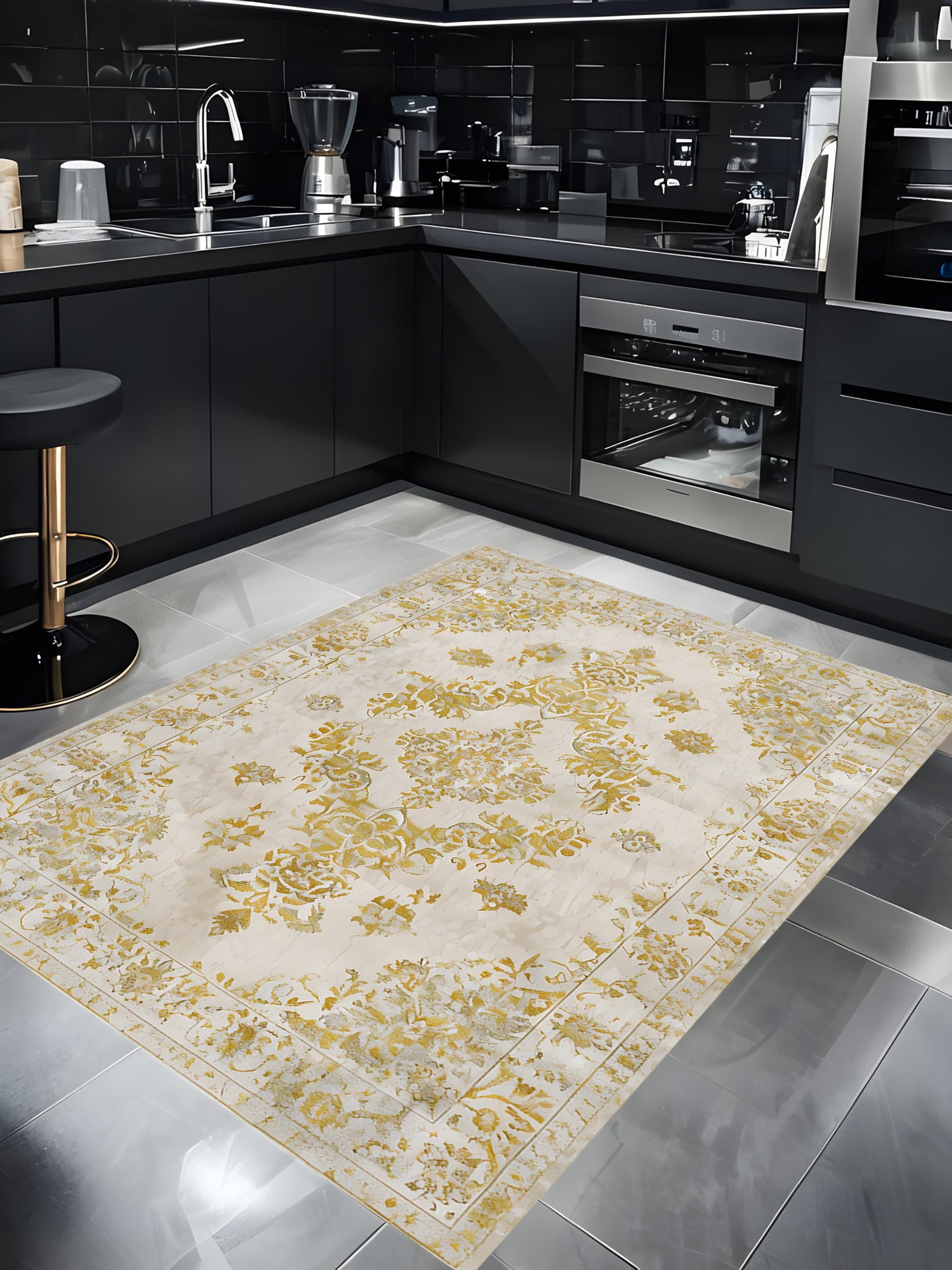 Large Cream and Gold Area Rug, Vintage Style Floral Persian Inspired ...