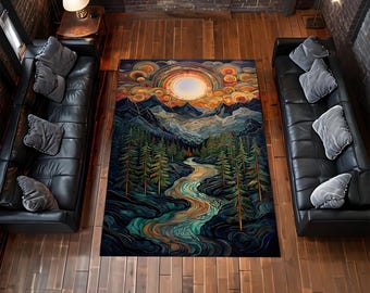 May include: A colorful rug with a mountain scene and a river flowing through it. The sky is filled with clouds and a bright sun. The rug is perfect for adding a touch of nature to any room.