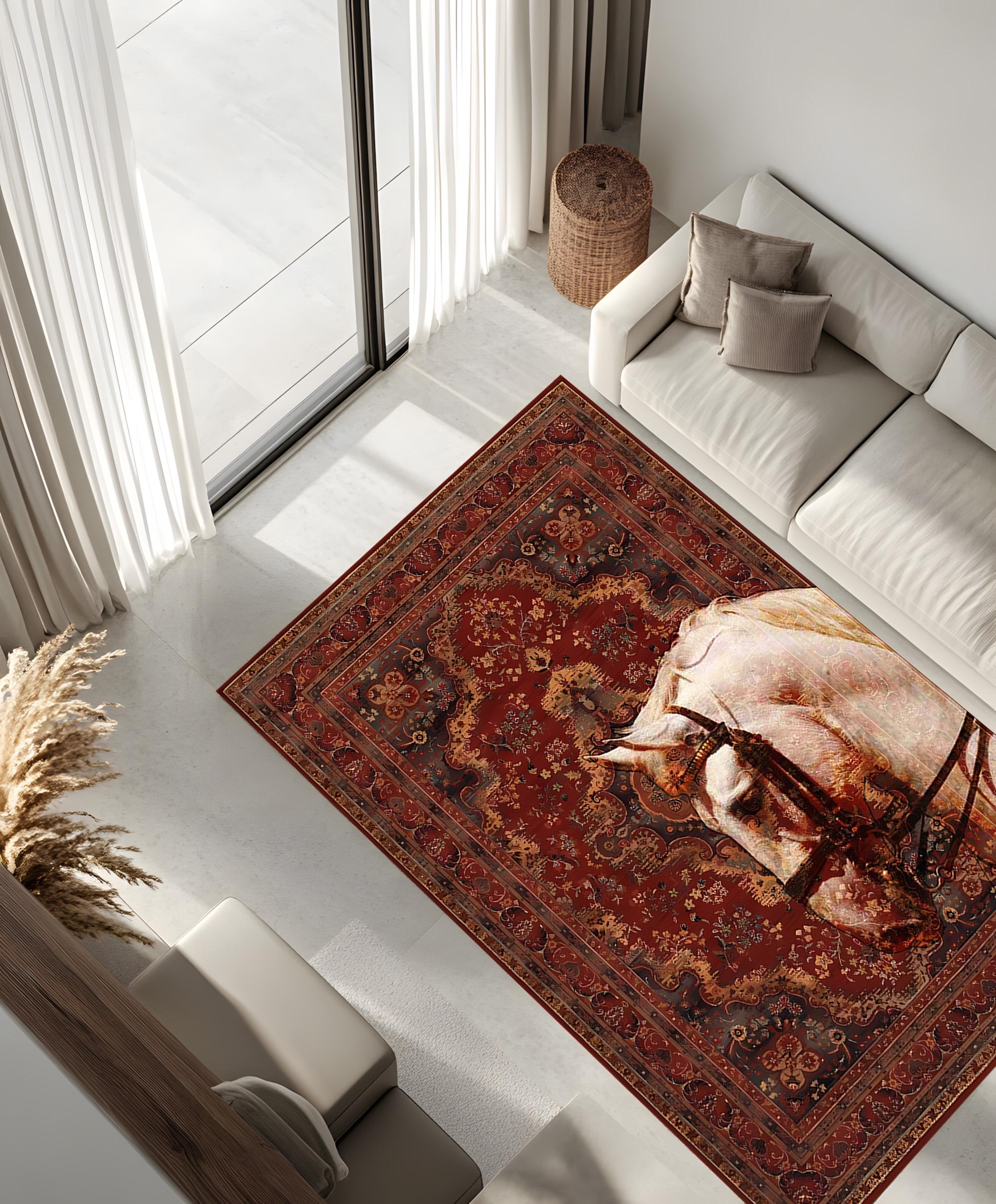 ヴィンテージ ホース プリント エリア ラグ、ペルシャ スタイル