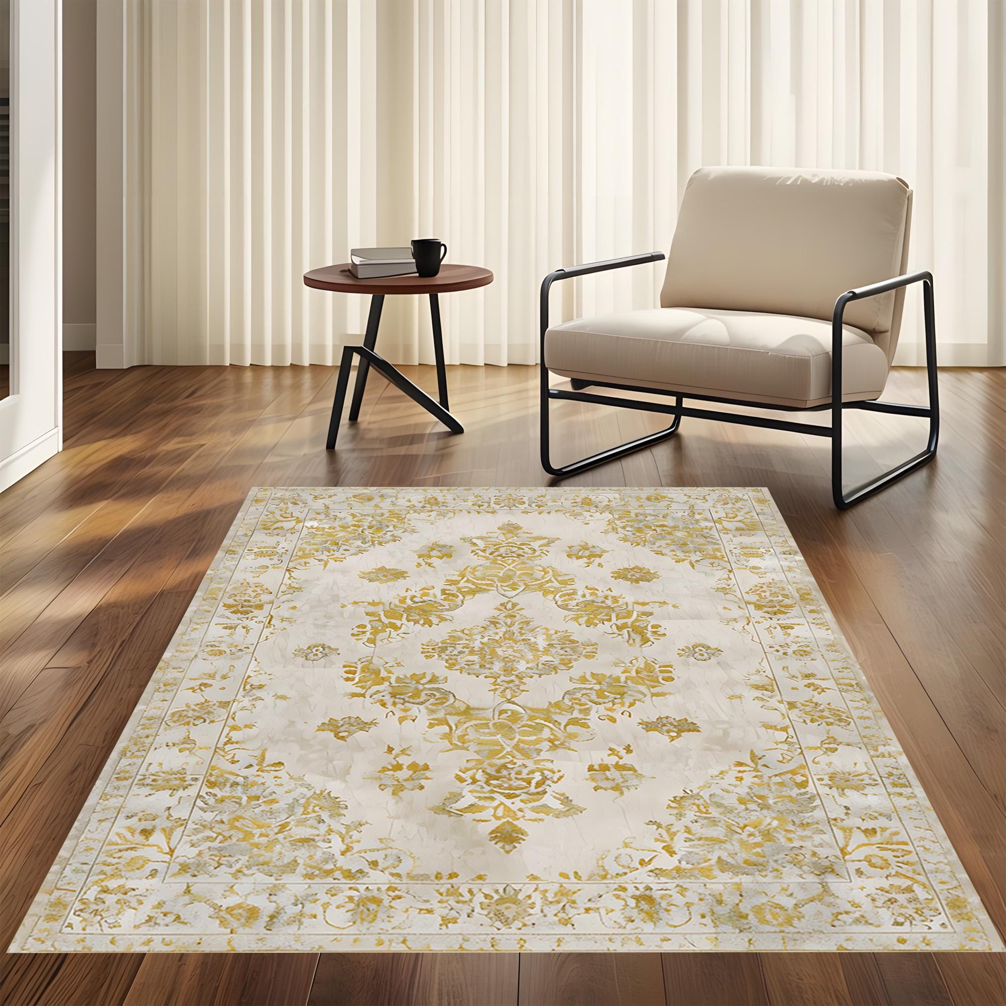 Large Cream and Gold Area Rug, Vintage Style Floral Persian Inspired ...
