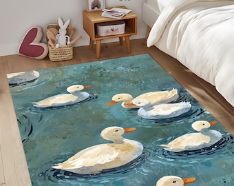 Cute Duck Area Rug, Kids Room Watercolor Rug, Farmhouse Decor, Cozy Animal Print Carpet, Nursery Playroom Rug, Soft Floor Mat Gift