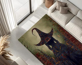 Op de afbeelding: Een tapijt met een vintage ontwerp met een heks met een grote hoed en een vloeiende jurk. Het tapijt heeft een rood, blauw en groen kleurenschema.