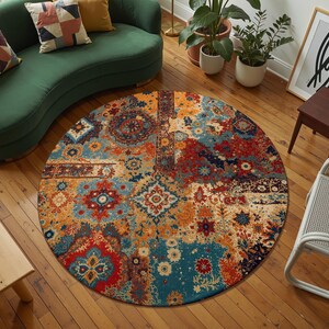 Boho Patchwork Rund Matta Blommig Medaljongmatta för Vardagsrum