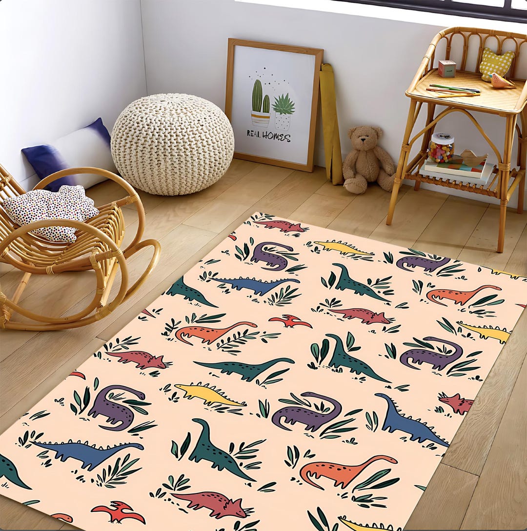 Dinosaur Kids Rug for Toddler Room or Nursery, Soft Dino Playroom Mat ...