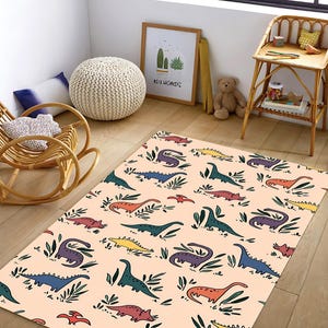 Dinosaur Kids Rug For Toddler Room Or Nursery, Soft Dino Playroom Mat, Cartoon Animal Rug For Boys, Fun Jurassic Gift For Children