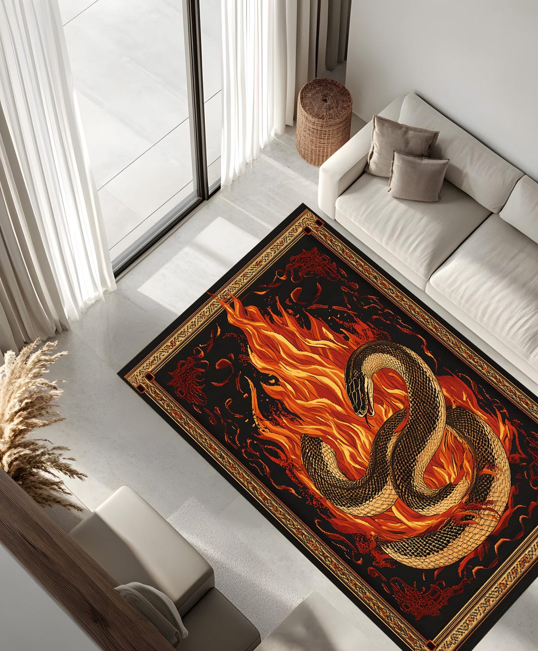 Black Snake and Fire Area Rug, Gothic Serpent Carpet, Dark Fantasy ...