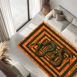 Tappeto arancione a forma di serpente, tappeto con labirinto di serpenti, tappeto con estetica mitologica, arredamento per la casa con rettili gotici, tappetino ispirato a Medusa, regalo unico