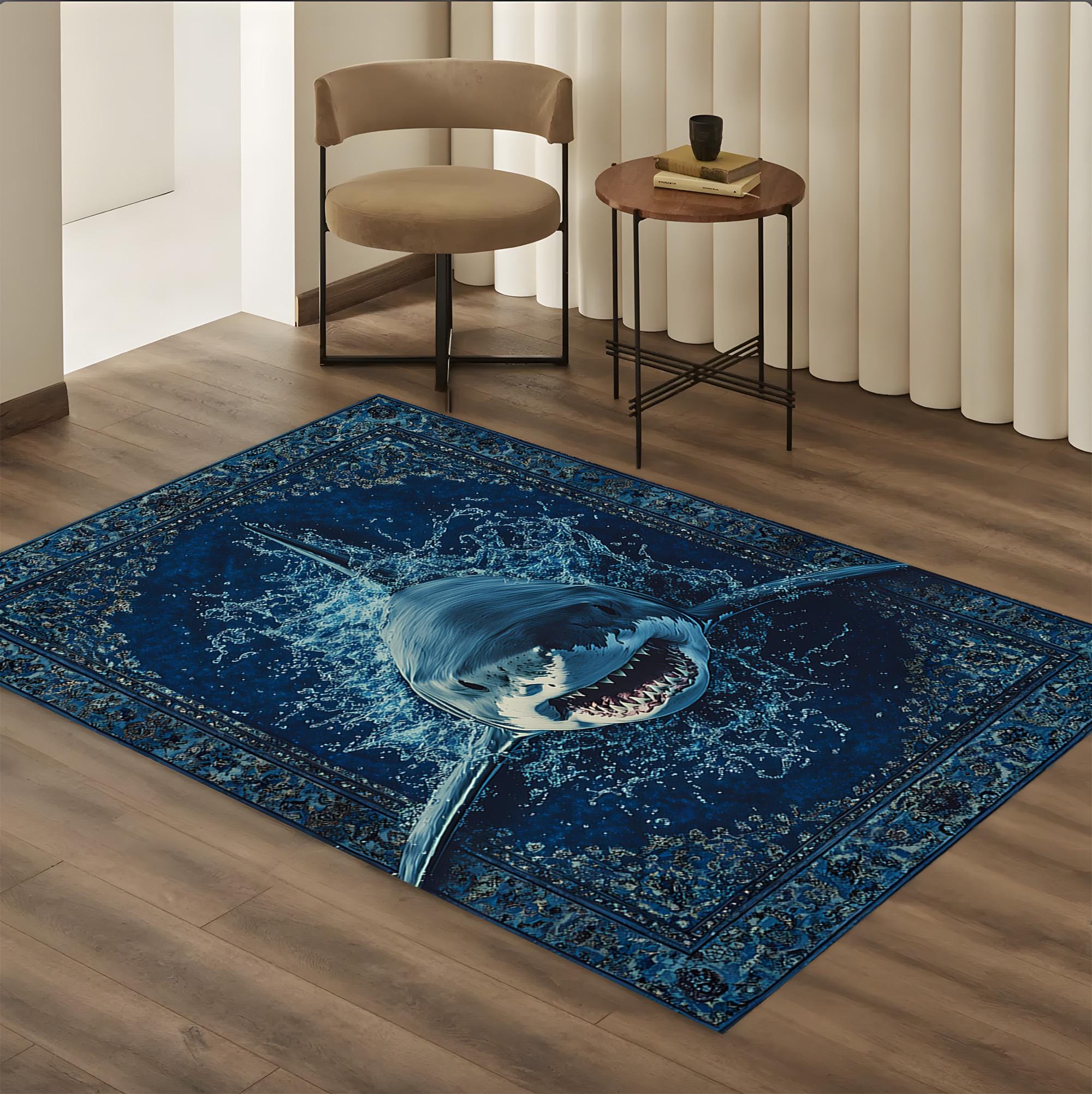 リビングルーム用3Dシャークラグ - 深海のグレートホワイトカーペット