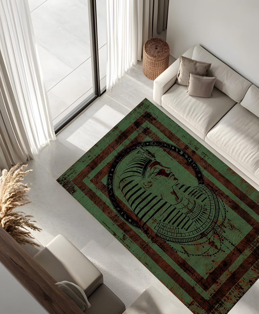 Green Egyptian Pharaoh Rug, Boho Ancient Egypt Kitchen Mat, Sphinx ...
