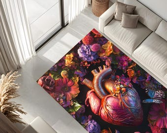 Anatomisch hartvloerkleed, geometrisch bloementapijt, vloermat surrealistische kunst, donker esthetisch interieur, uniek cadeau voor kunstliefhebbers