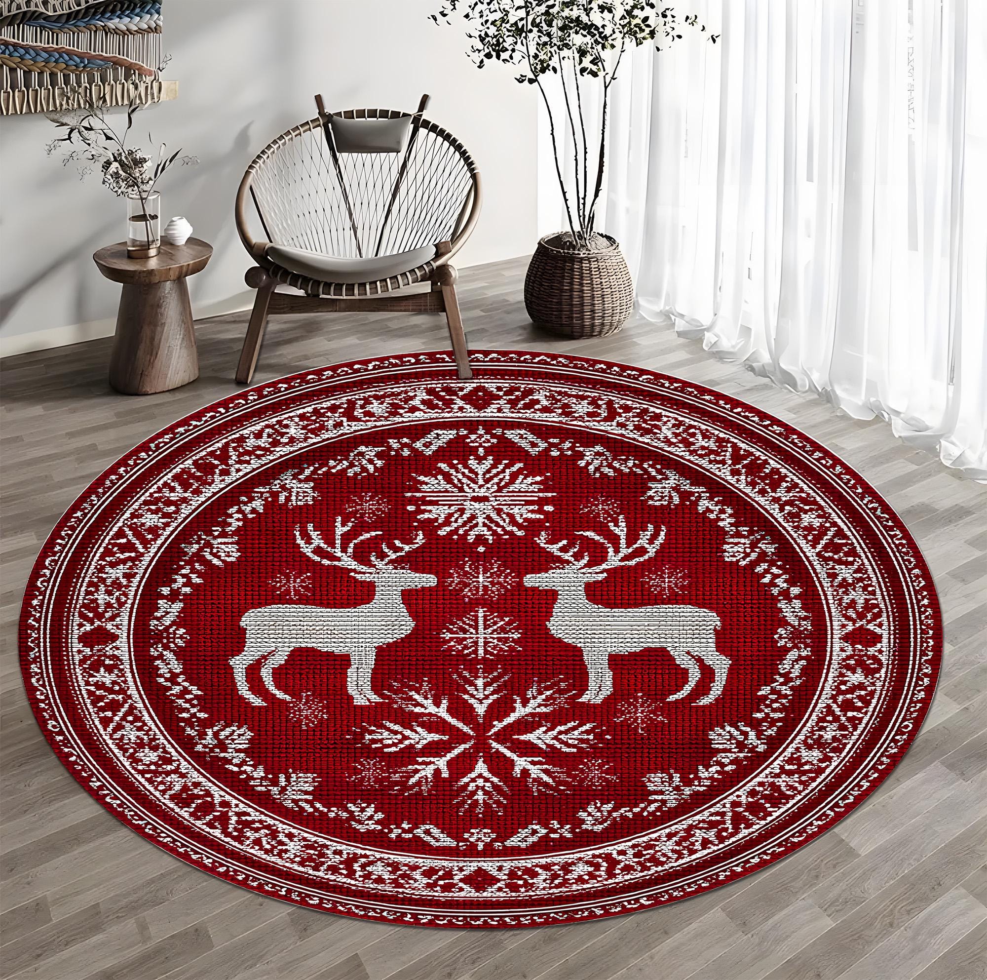Red Christmas Reindeer Round Rug, Nordic Knit Pattern Carpet, Snowflake ...