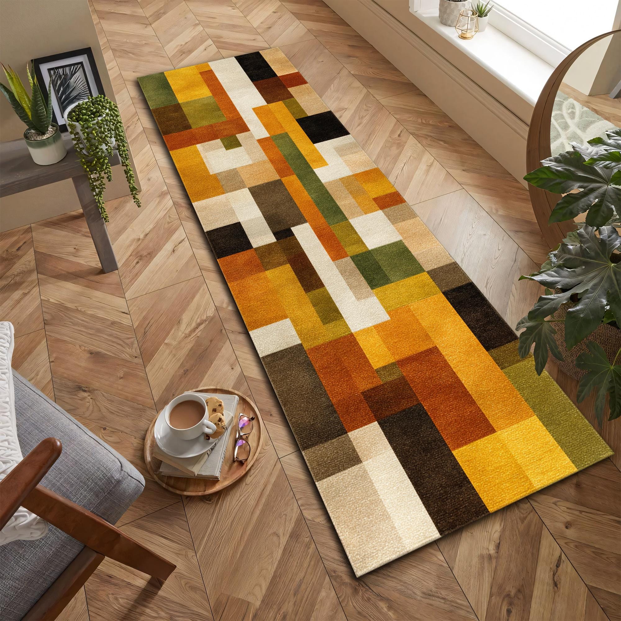 Jigsaw Abstract Block Pattern Rug Mid Century Modern Geometric Runner Rug, Abstract Block Pattern Carpet ...