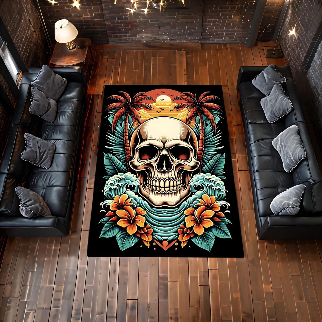 Punk Rugs Gothic Skull Area Rug, Tropical Tattoo Art Carpet, Punk Rock Living ...