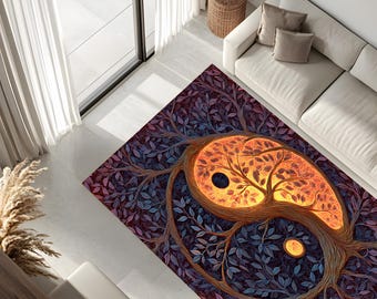 Spiritual Tree of Life Yin Yang Rug, Boho Nature-Inspired Area Carpet for Living Room, Meditation Space, or Unique Zen Home Décor