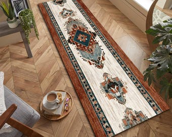 Southwestern Runner Rug, Boho Tribal Pattern Carpet, Rustic Long Area Rug for Hallway, Entryway or Living Room