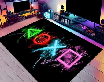 Neon Gamer Room Rug with Glow Console Symbols, Modern Gaming Decor Carpet for Bedroom, Office, Streamer Setup, Tech Lover Gift
