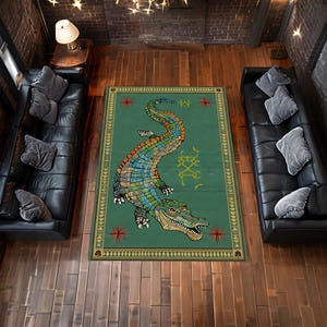 Alligator Mosaic Art Rug For Kids Room Or Playroom, Colorful Green Crocodile Carpet, Fun Animal Decor Gift For Boys Or Girls