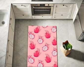 Pink Dragon Fruit Kitchen Rug, Fun Fruit Print Floor Mat For Cooking Space, Colorful Non Slip Rug, Cute Gift For Foodies Or Home Chefs