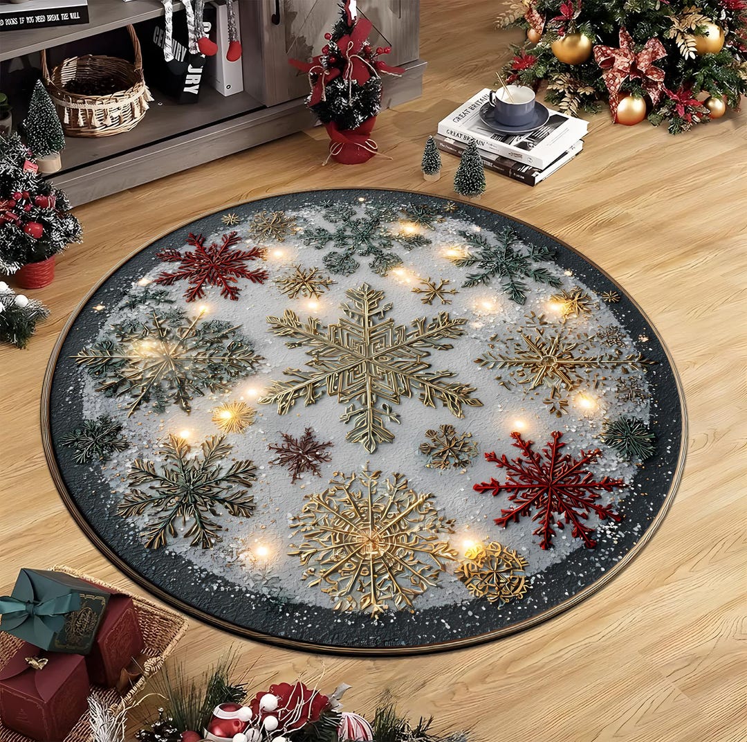 Round Blue Snowflake Rug Round Christmas Snowflake Rug, Winter Holiday Carpet, Festive Living ...