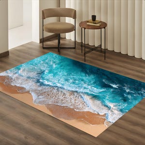 Ocean Wave Beach Rug for Living Room, Coastal Seaside Area Rug, Realistic Blue Sea Shore Carpet, Beach Vibes Floor Decor for Home