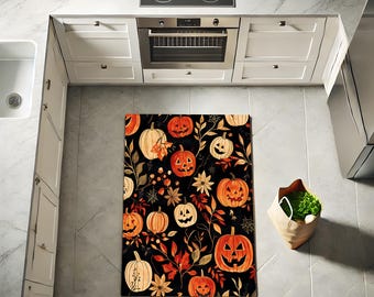 Halloween Pumpkin Kitchen Rug, Fall Jack O Lantern Floor Mat, Autumn Home Decor For Cooks, Spooky Gift For Her, Halloween Housewarming
