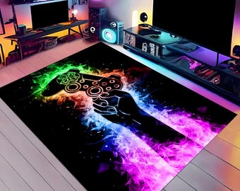 Neon Gaming Rug, Colorful Gamer Room Area Carpet with Controller Design, LED Style Glow Floor Mat for Teen Bedroom and Game Setup