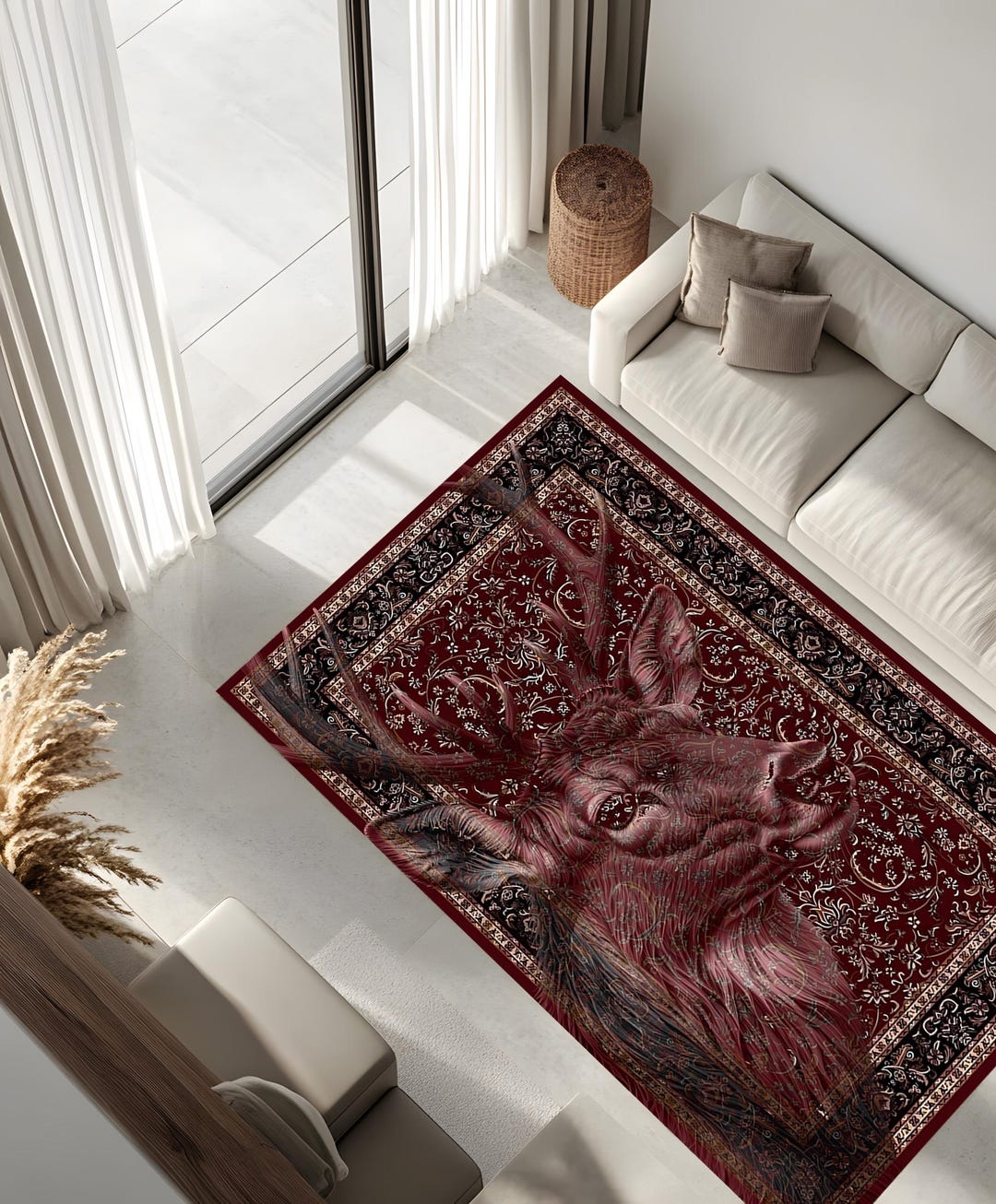 Luxury Deer Area Rug, Rustic Wildlife Carpet, Red Persian Inspired Rug ...